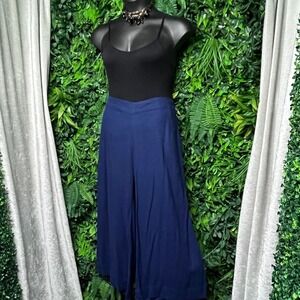 Studio Park Pants‎ Large Navy Blue Linen Blend Wide Leg Button Accent 3400